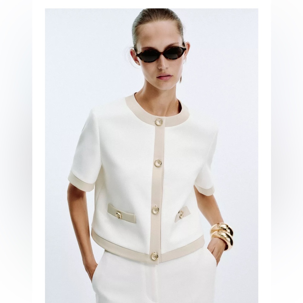 Zara White and Tan Short Sleeve Blazer Medium